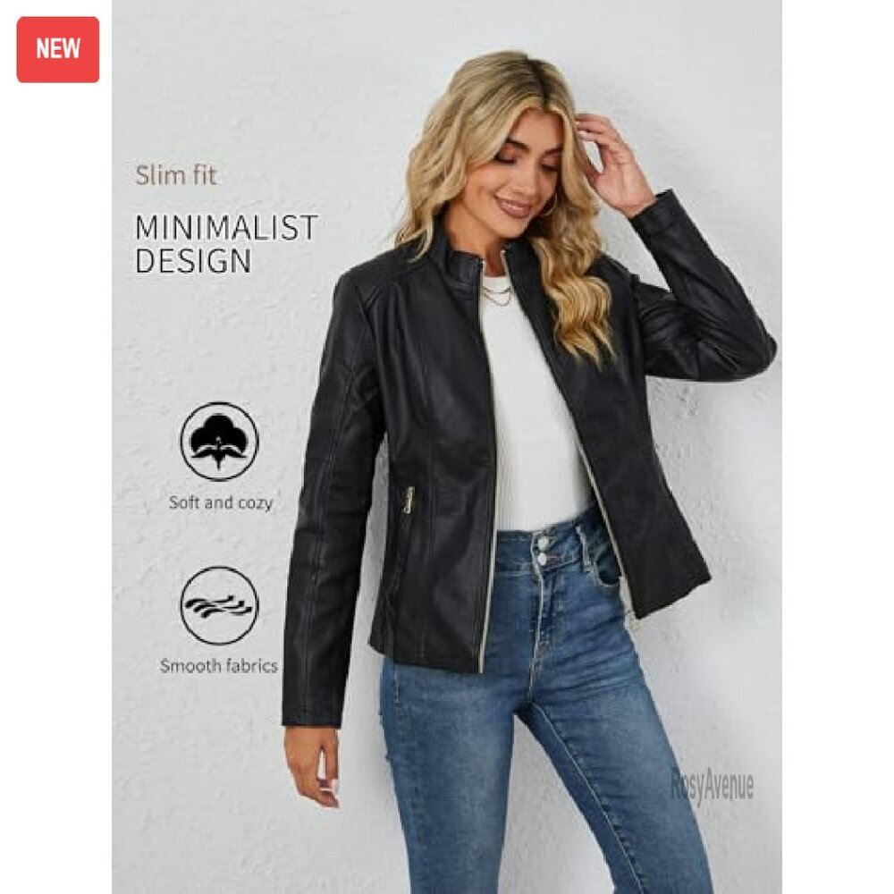 Faux Leather Motorcycle Jacket with Quilted Design and Pockets - Picture 5 of 8